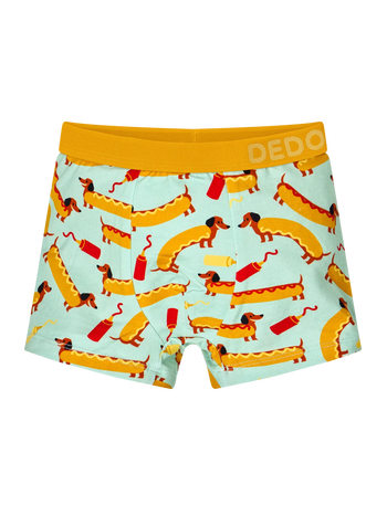 Vidám fiú bokszeralsó Hot-dog